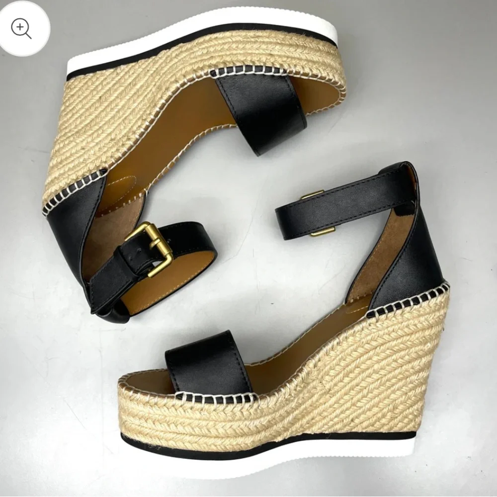 SEE BY CHLOÉ Glyn Wedge Espadrilles Black Leather sandals - Picture 7 of 12